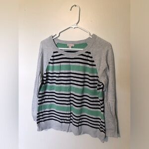 Gray Striped Sweater with Mint Green and Black Striped Accents